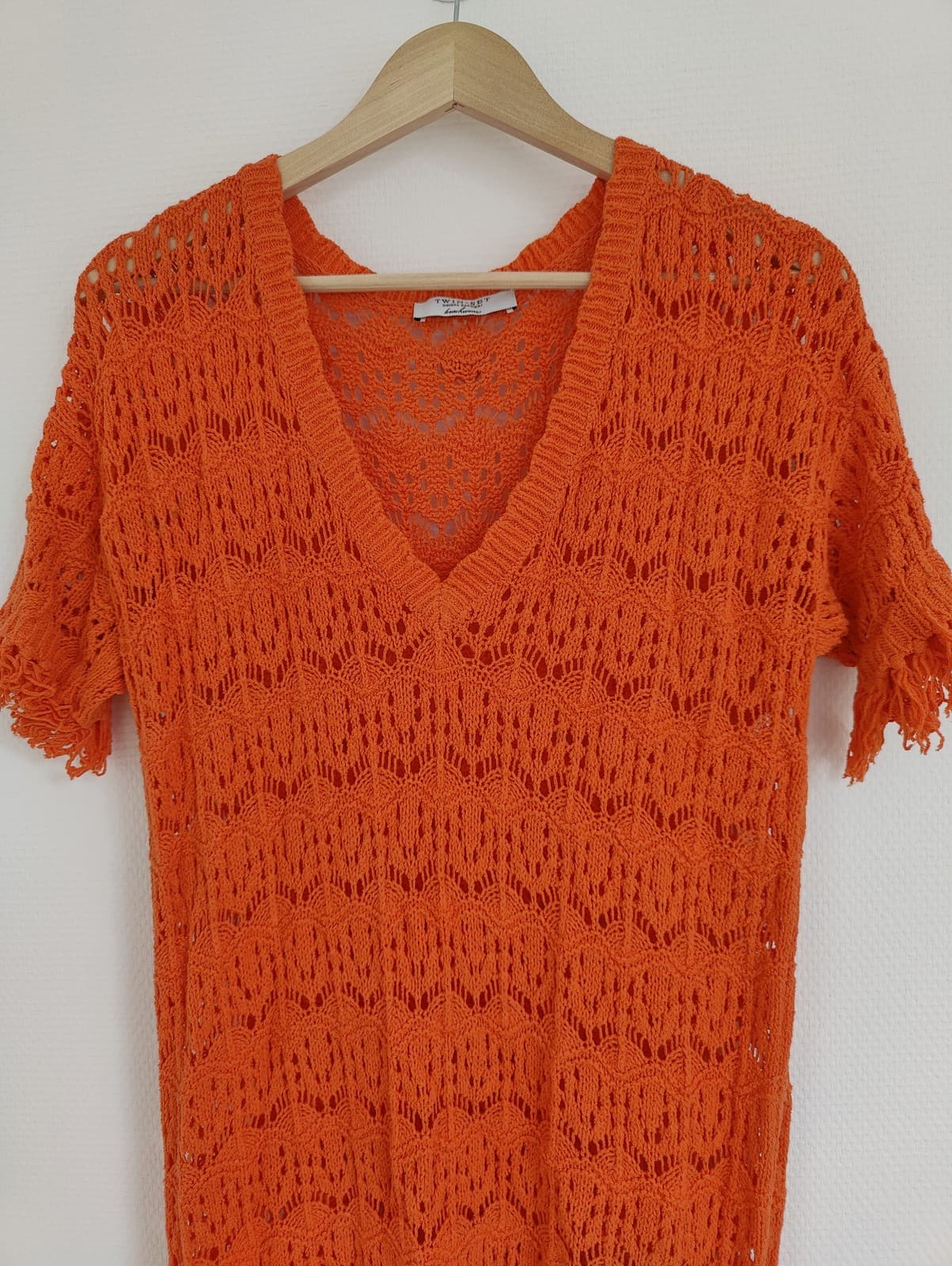 Robe Twinset orange en maille ajourée à franges – Taille S — photo 3