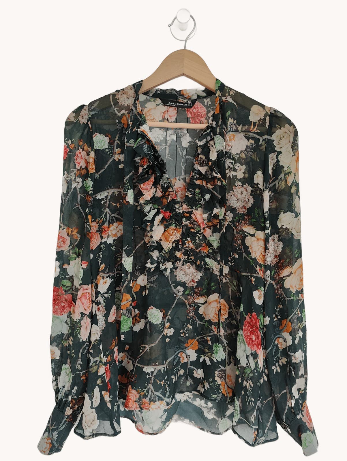 Blouse fleurie vert foncé en mousseline Zara – Taille XS — photo 2