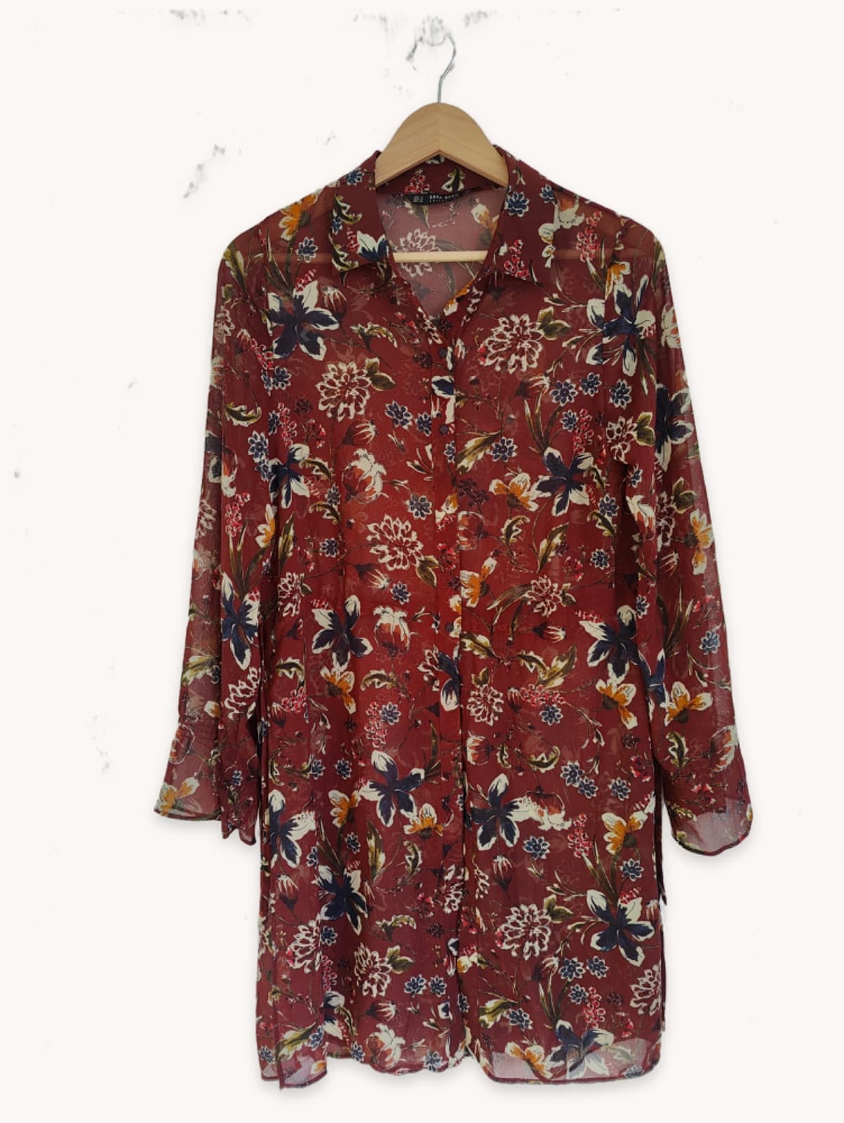 Chemisier long bordeaux à imprimé floral – Taille M