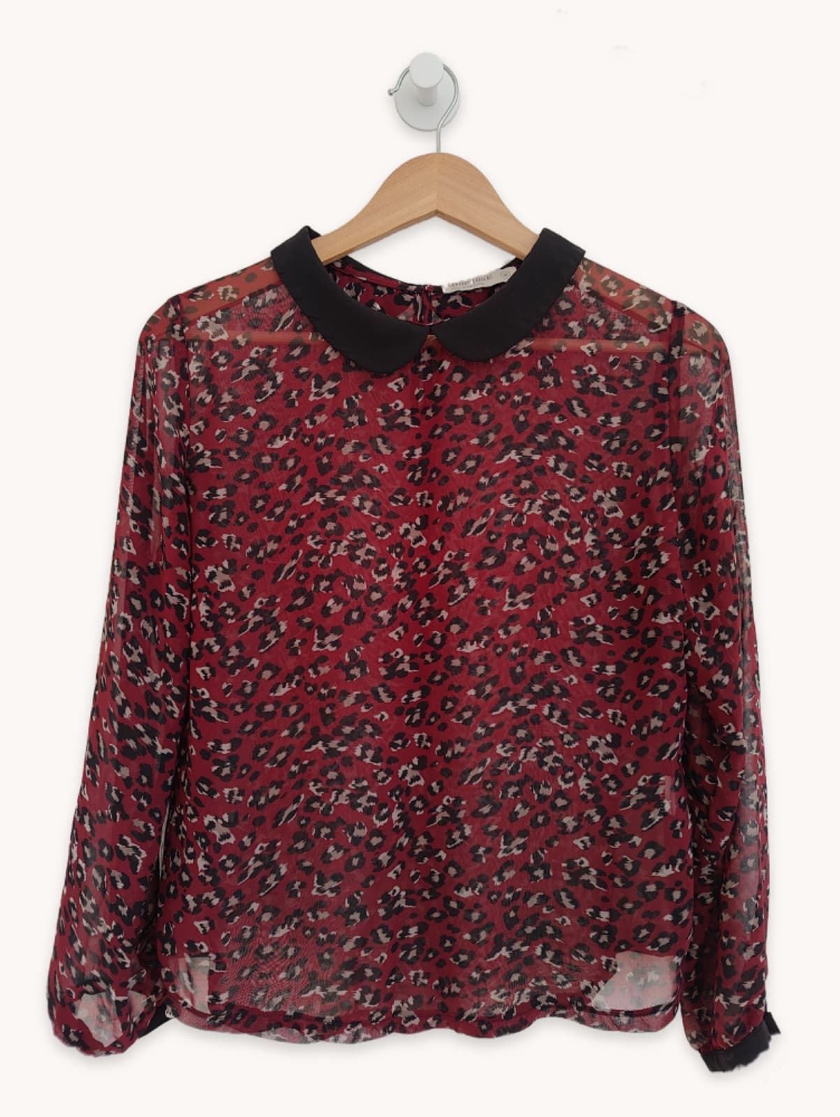Blouse léopard bordeaux avec col Claudine noir – Taille M