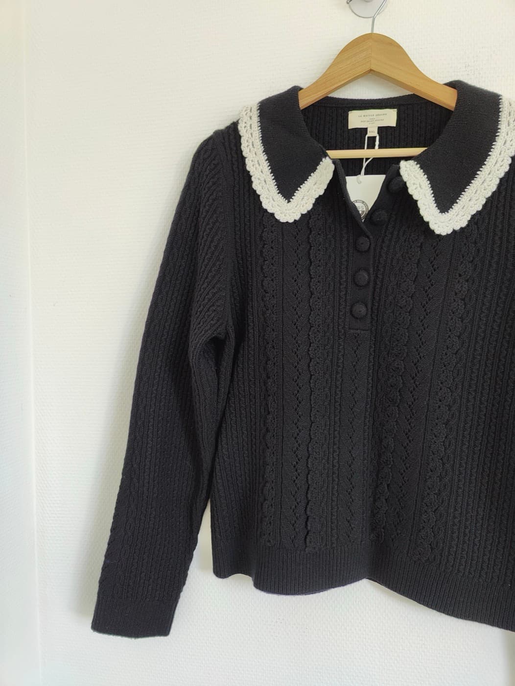 Pull Sézane noir à col Claudine crochet écru – Taille XXL — photo 3