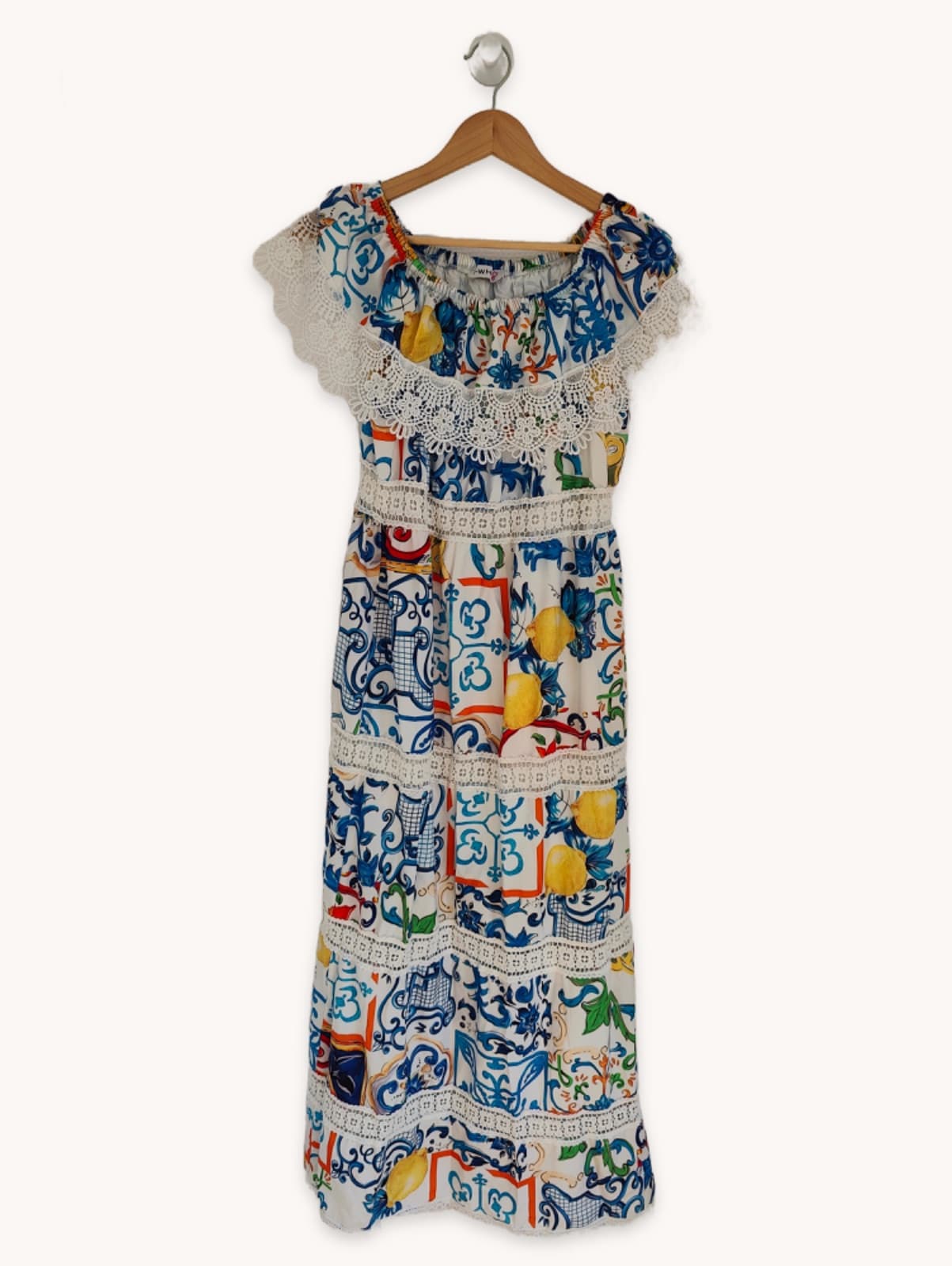 Robe à encolure bardot à imprimé azulejos – Taille M