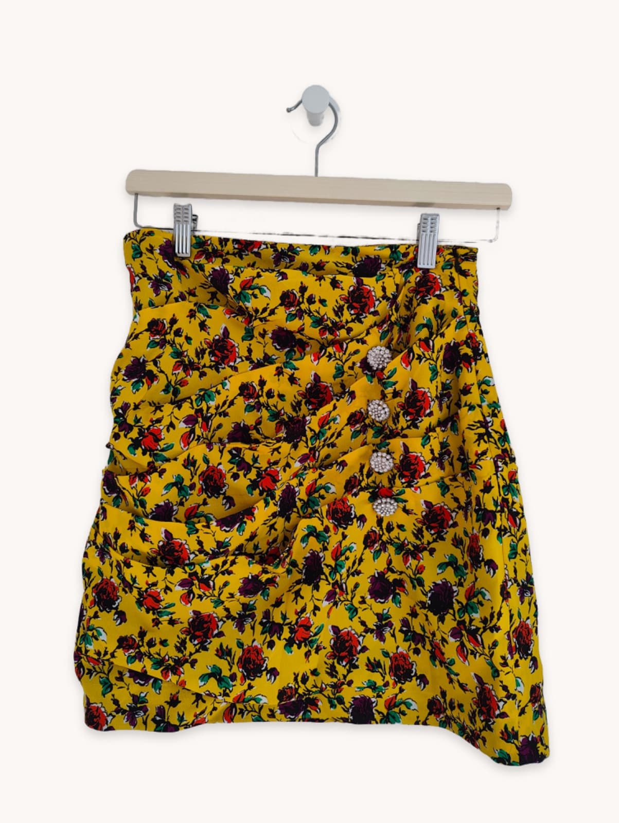 Jupe drapée Zara à imprimé floral jaune – Taille S