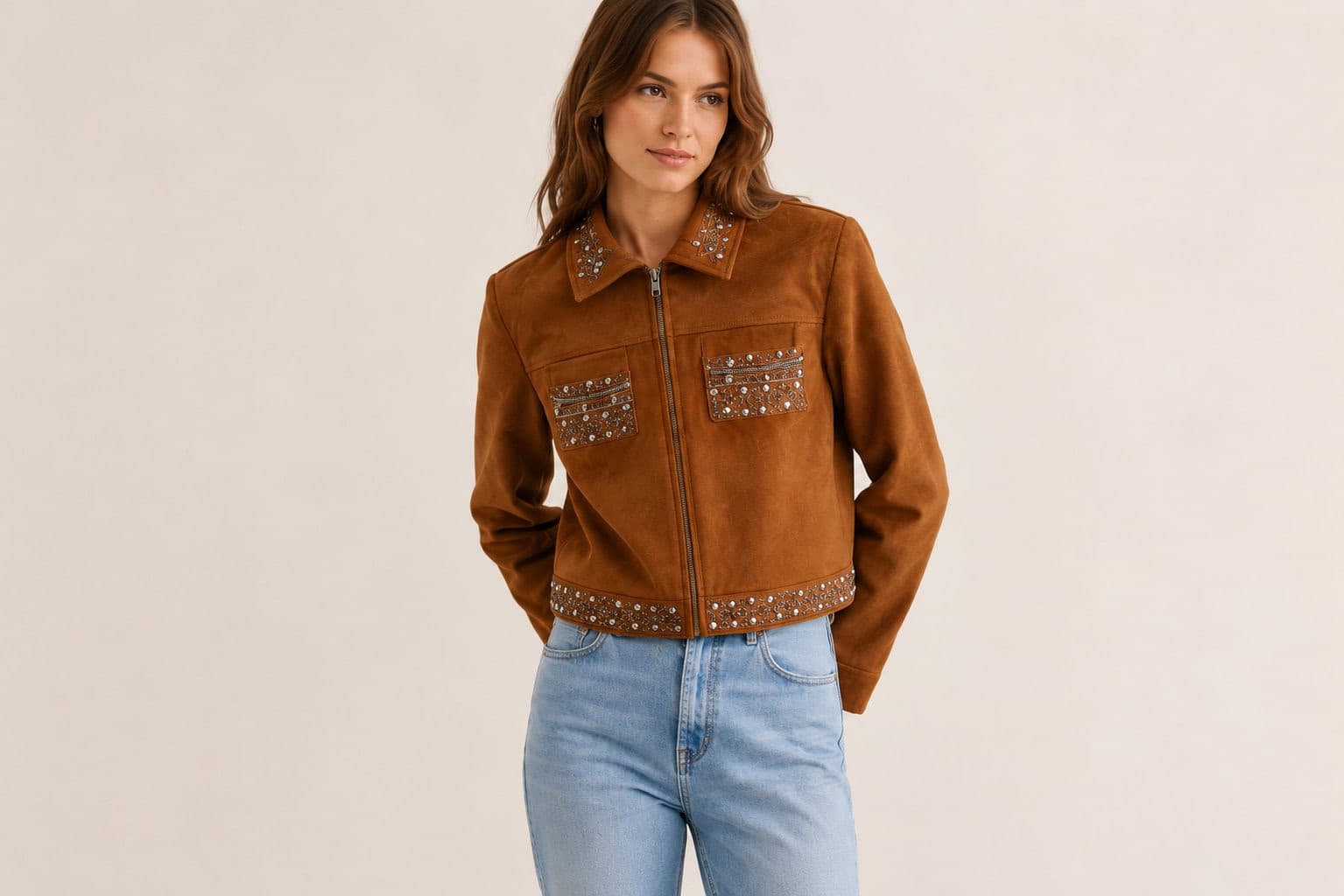 Zara jasje camel met suèdelook en kralen – Maat S