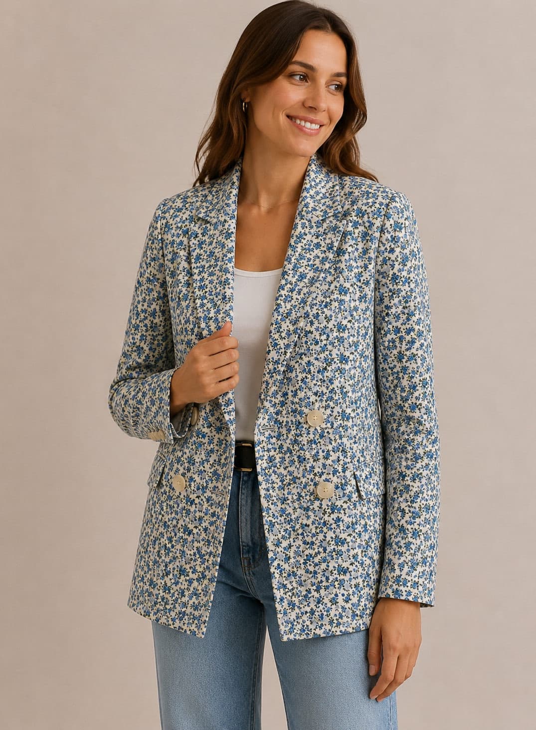 Dubbelrijige blazer met blauwe en witte bloemen Sézane – Maat XS