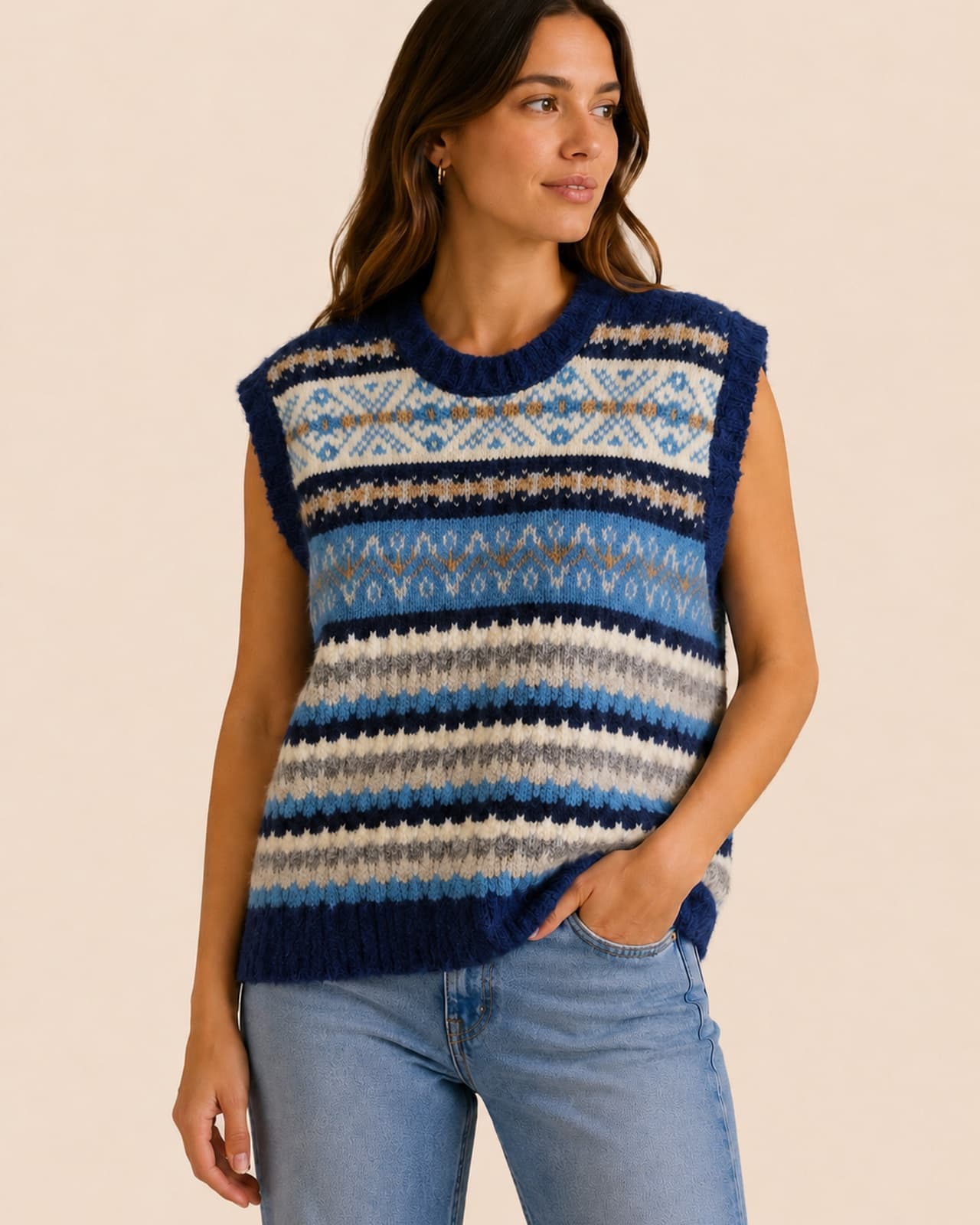 Pull sans manches Benetton maille jacquard bleu – Taille M — photo 1