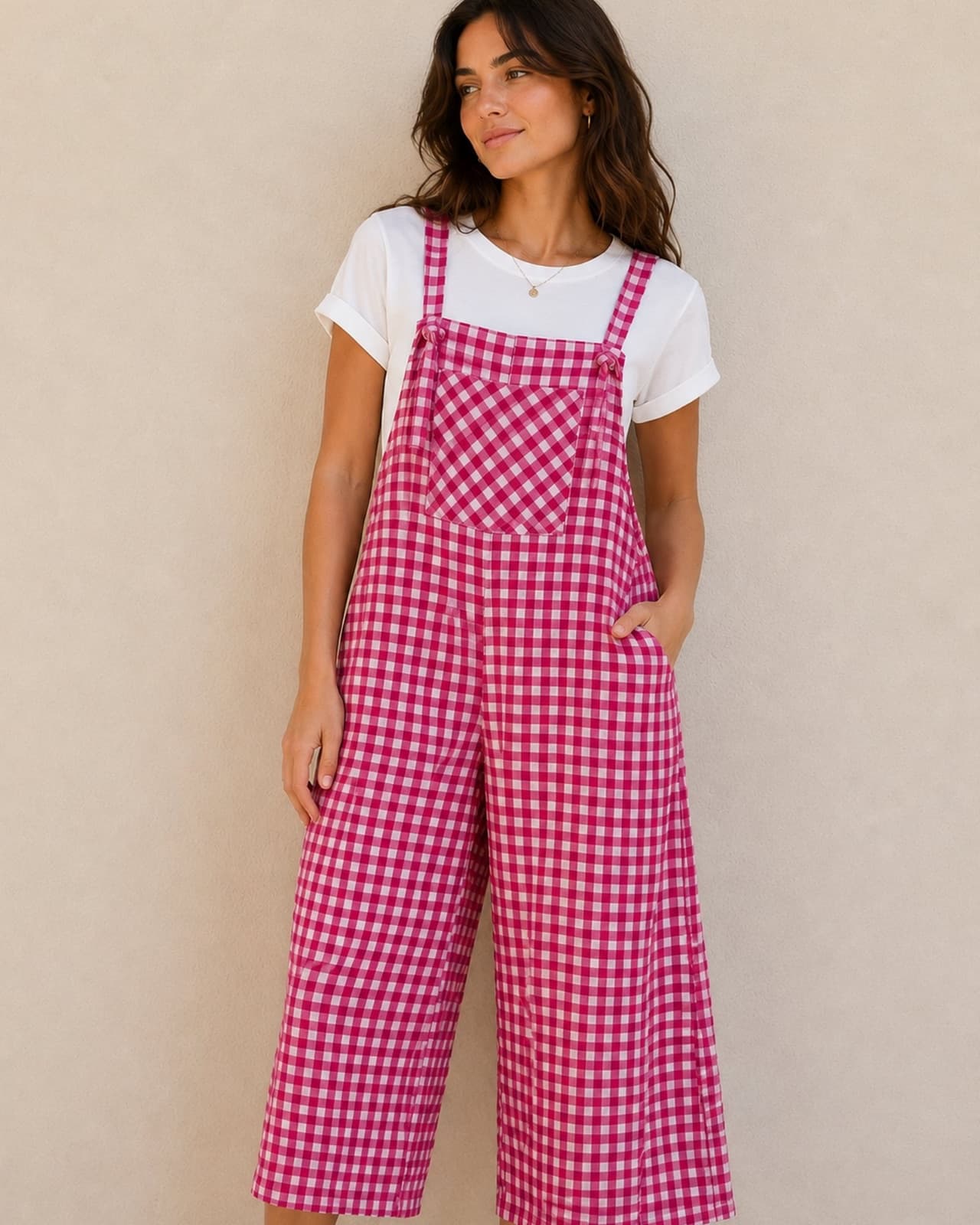 Lefties tuinbroek met roze ruitprint – Maat L