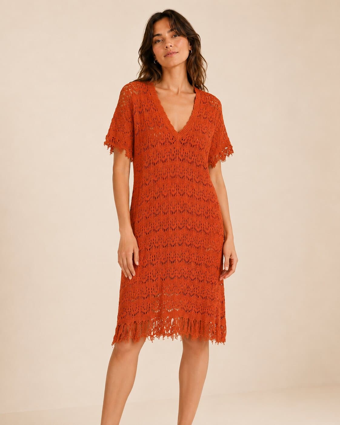 Robe Twinset orange en maille ajourée à franges – Taille S — photo 1