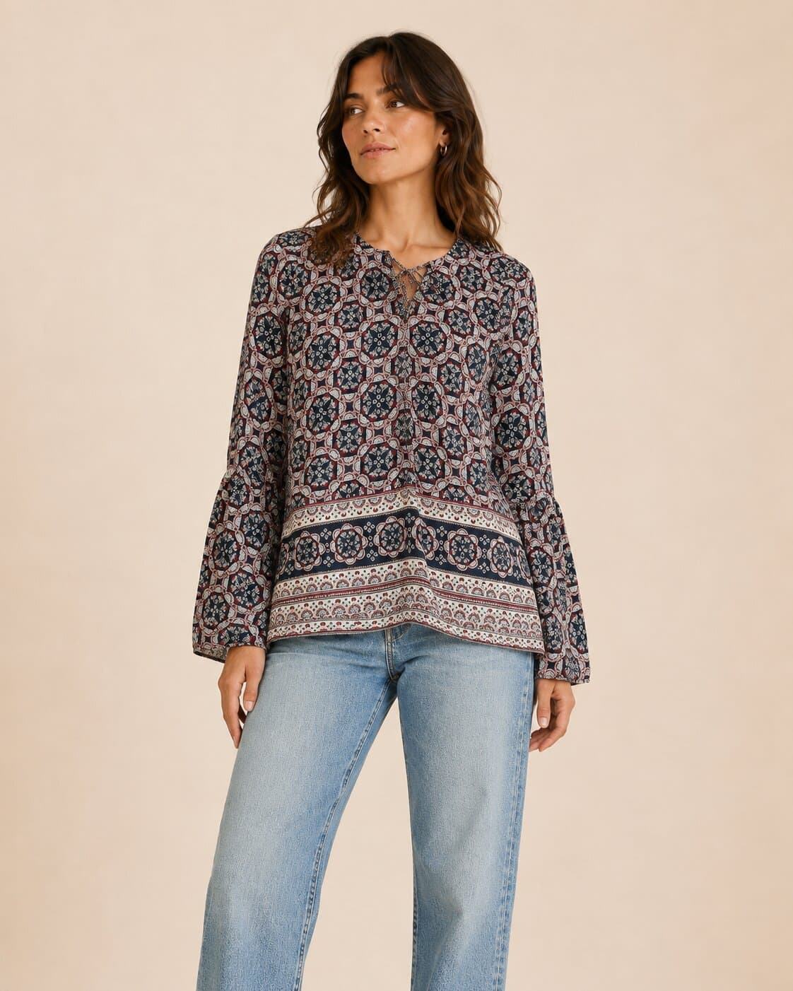 Ethnic medallion print blouse — tie collar