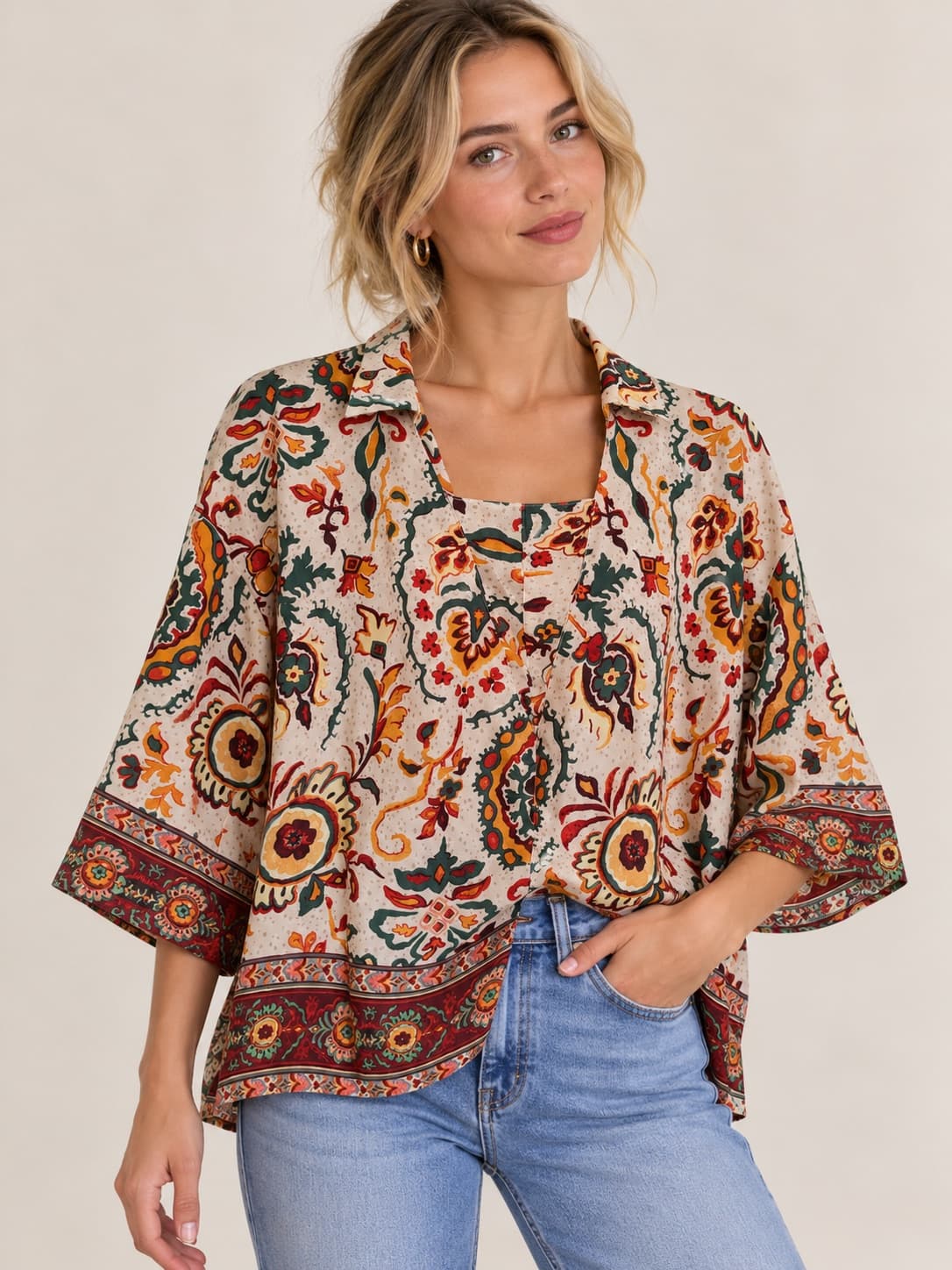 Blusa estampada bohemia con mangas – Talla 42