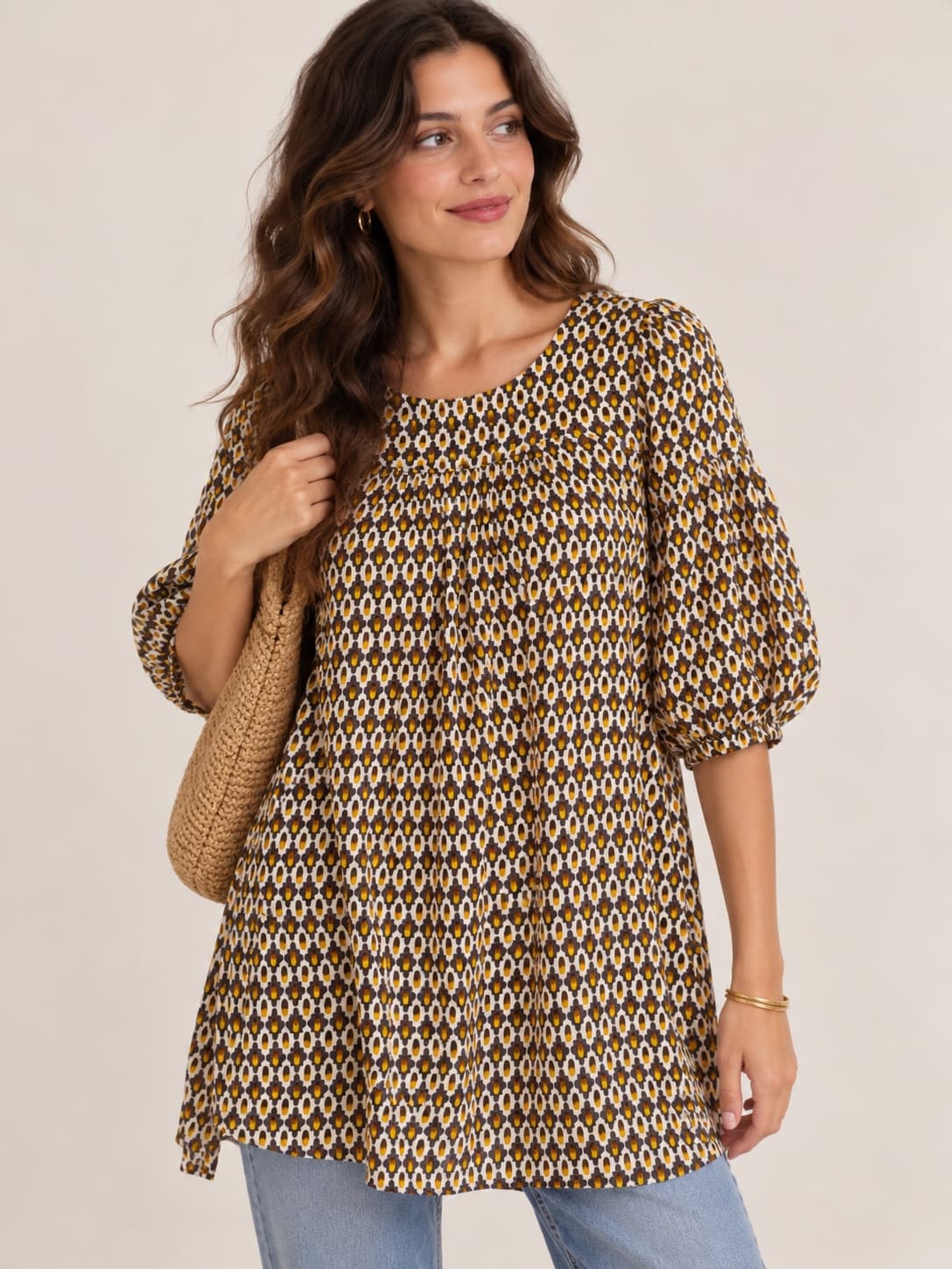 Túnica con estampado geométrico marrón y mostaza – Talla 1