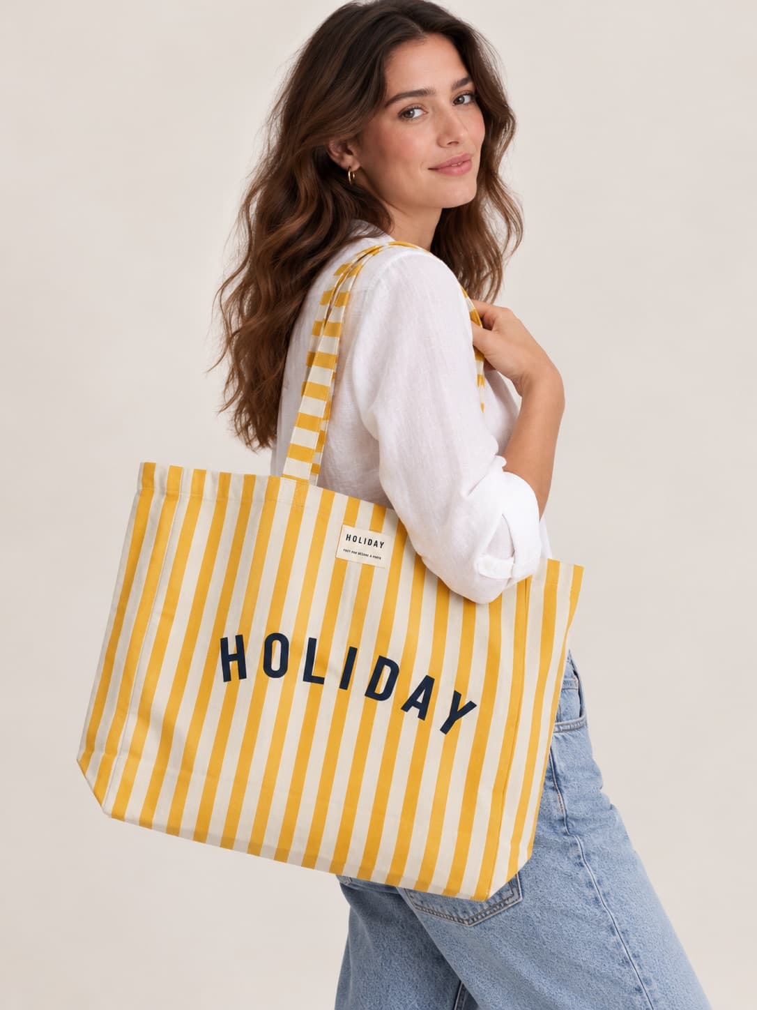 Sac cabas rayé jaune et écru Holiday