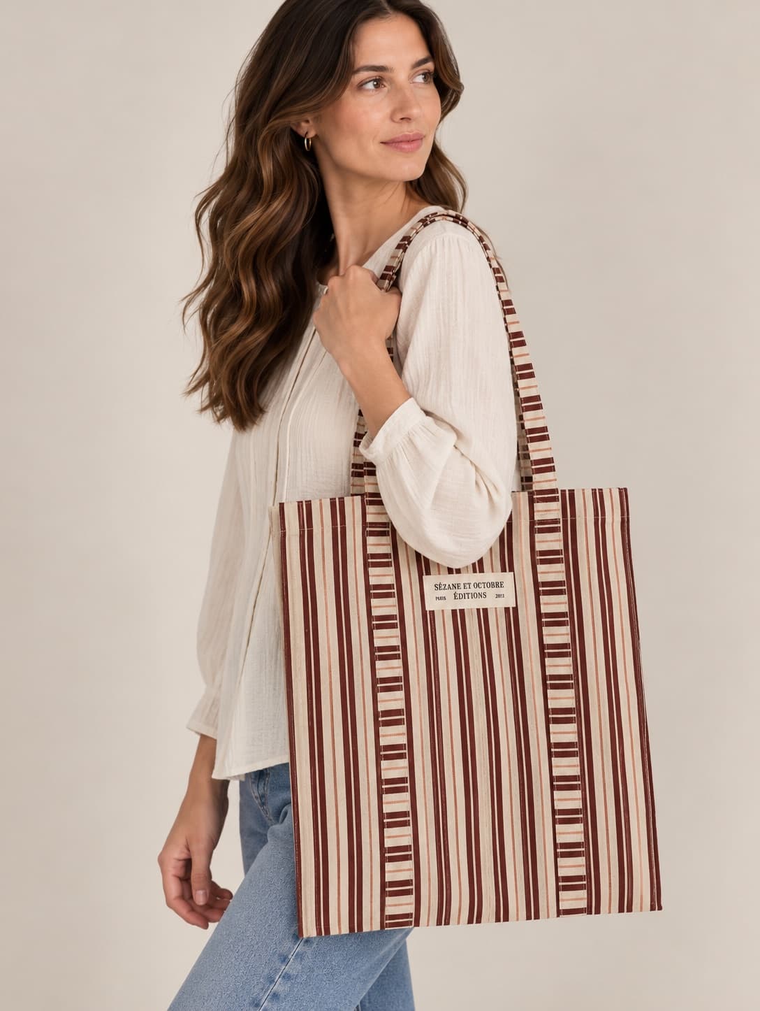 Shopper van gestreept canvas Sézane x Octobre Éditions