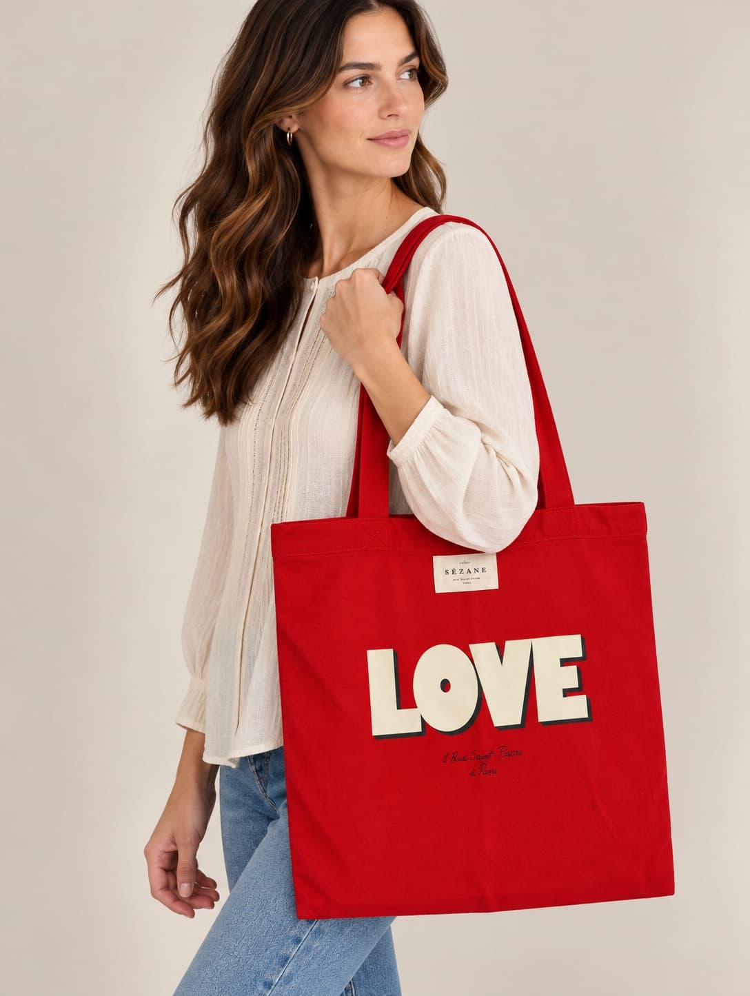 Rode Sézane shopper met LOVE-opdruk