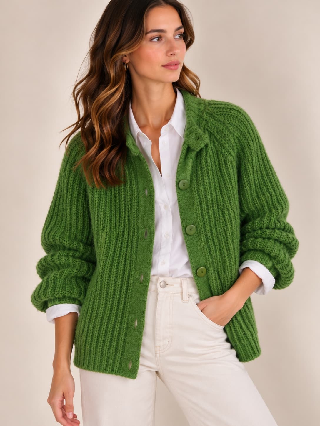 Cardigan Sézane vert prairie en maille côtelée – Taille M — photo 1