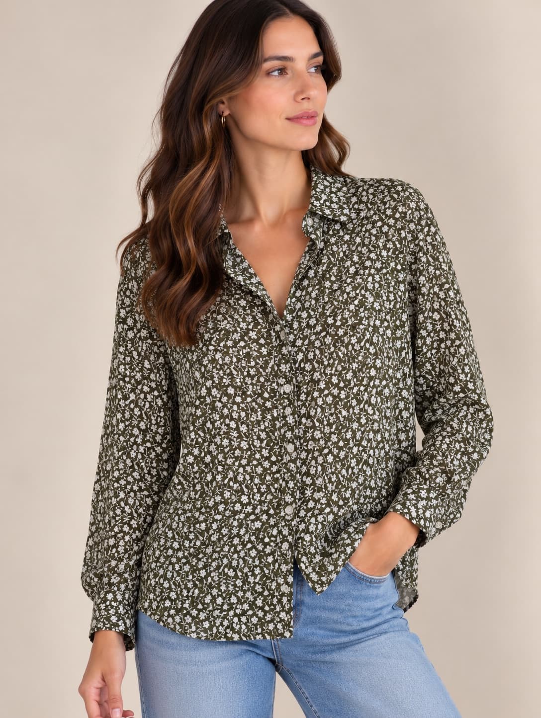 Chemise fleurie kaki Mango – Taille L — photo 1