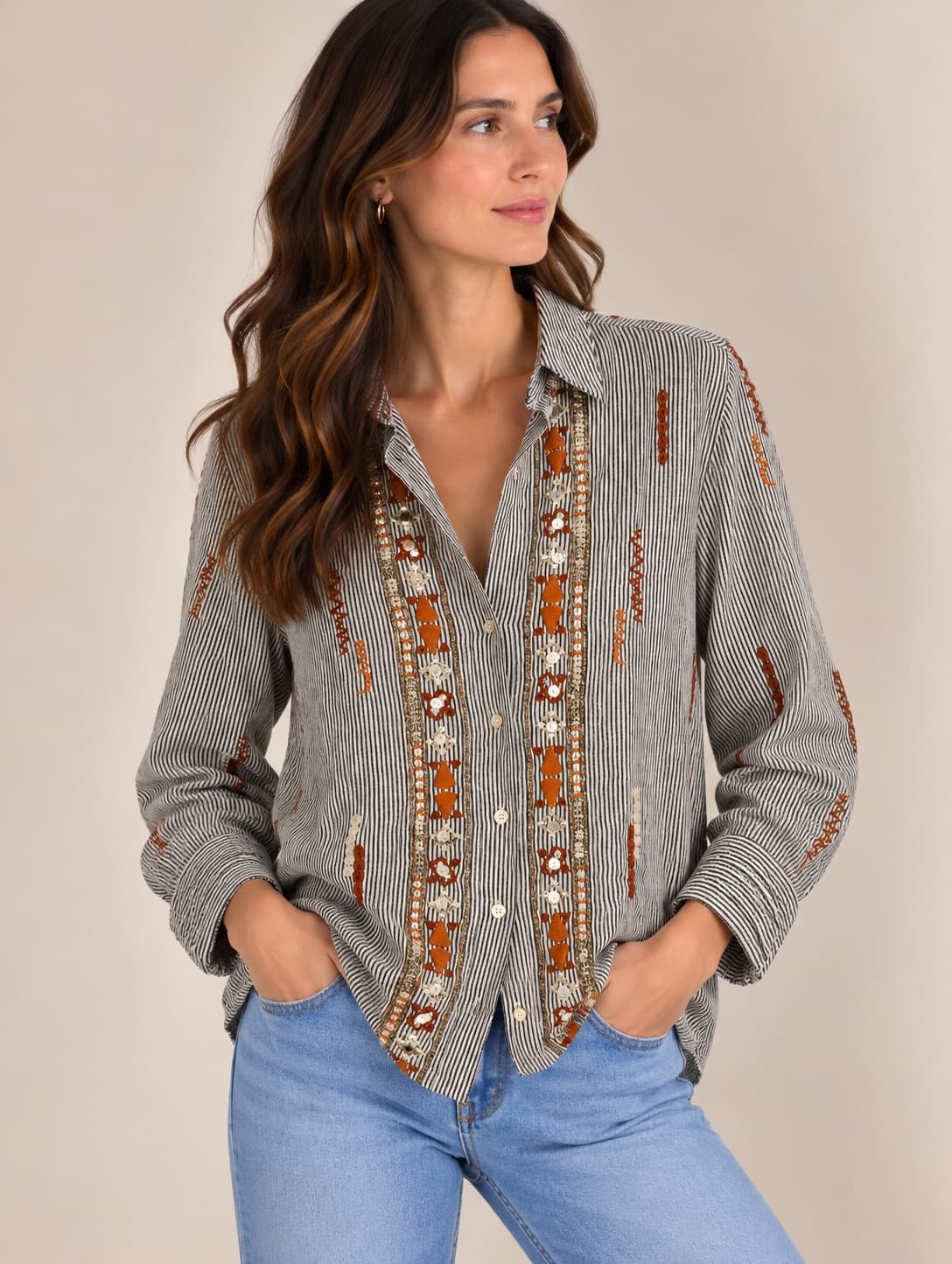 Chemise rayée à perles et broderies Zara – Taille XS — photo 1