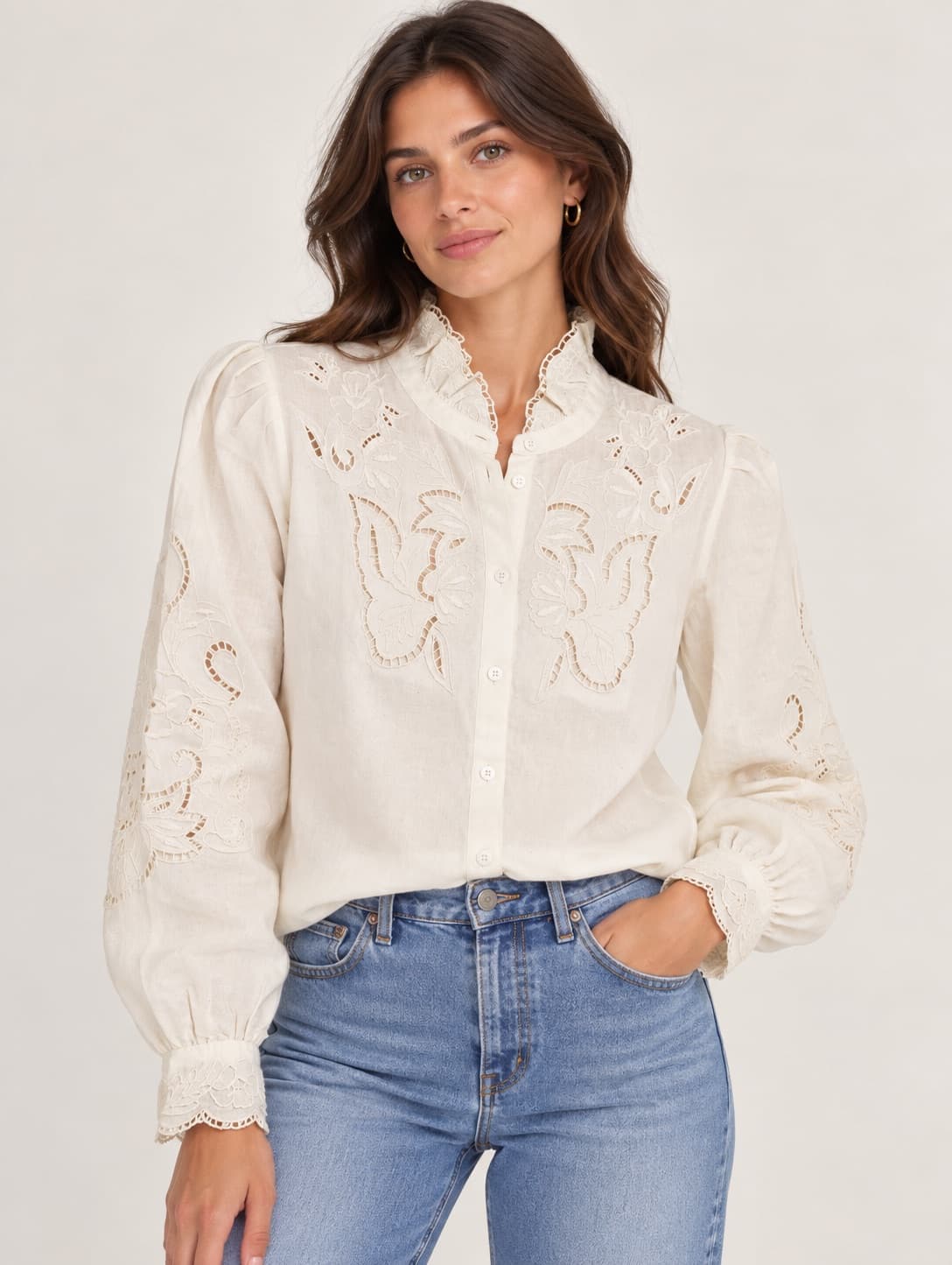 Chemise Sézane brodée écrue à col montant – Taille 38 — photo 1