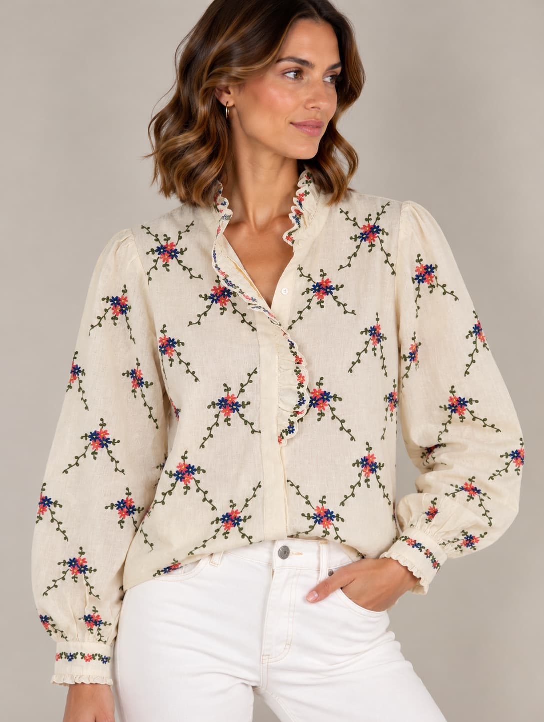 Chemise Sézane en lin écru brodée – Taille 42 — photo 1