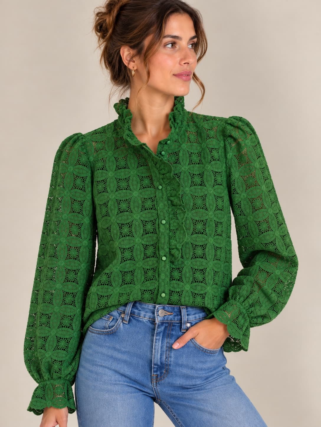 Chemise verte Sézane en dentelle ajourée – Taille 46 — photo 1