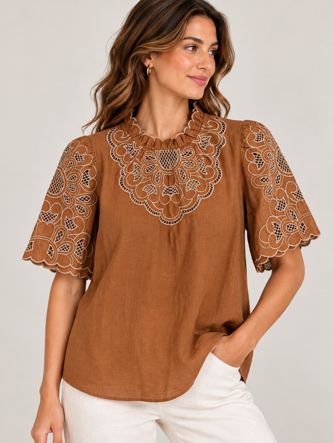 Blouse Sézane en lin brodé camel – Taille 42 — photo 1