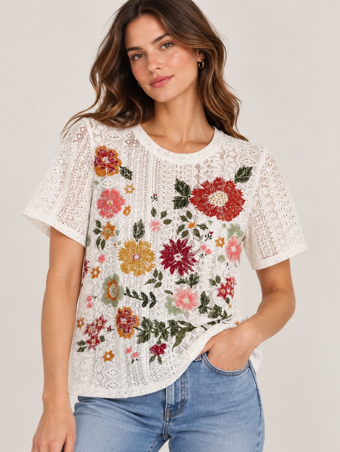Kanten T-shirt met geborduurde bloemen Zara – Maat M