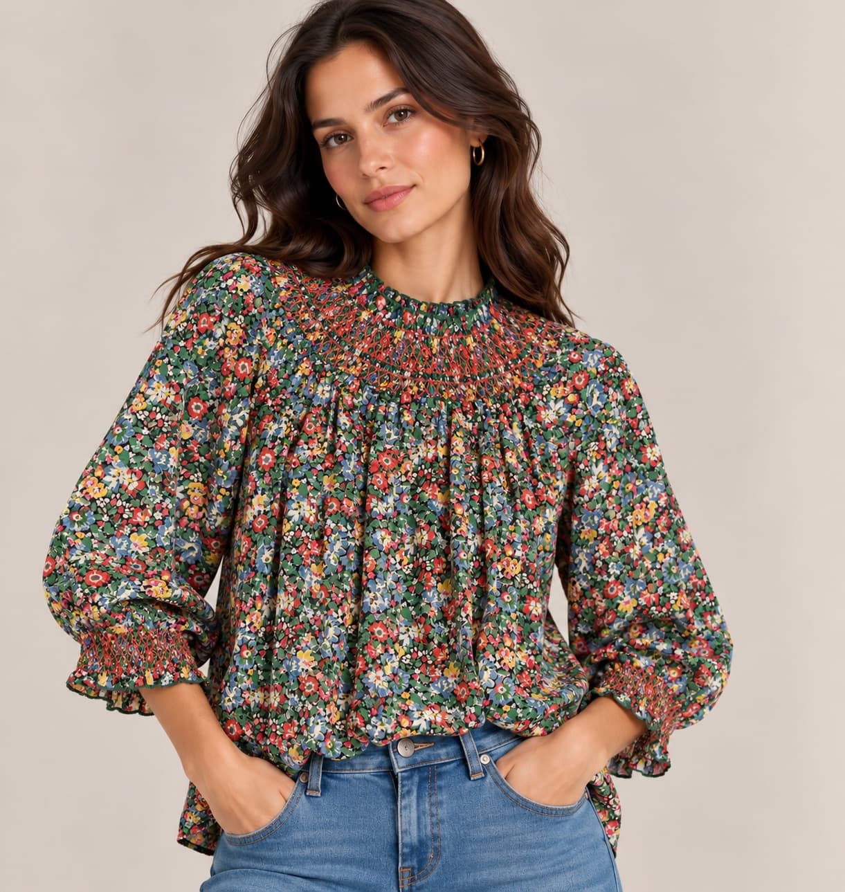Blouse fleurie multicolore à empiècement smocké Sézane – Taille M — photo 1