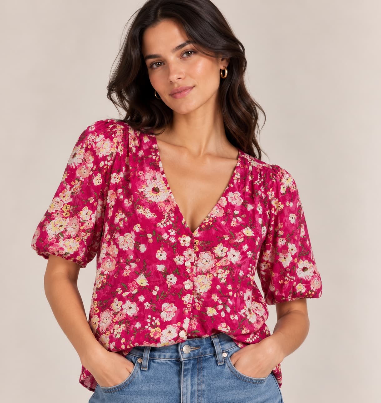 Blouse fleurie fuchsia à col V Sézane – Taille M — photo 1
