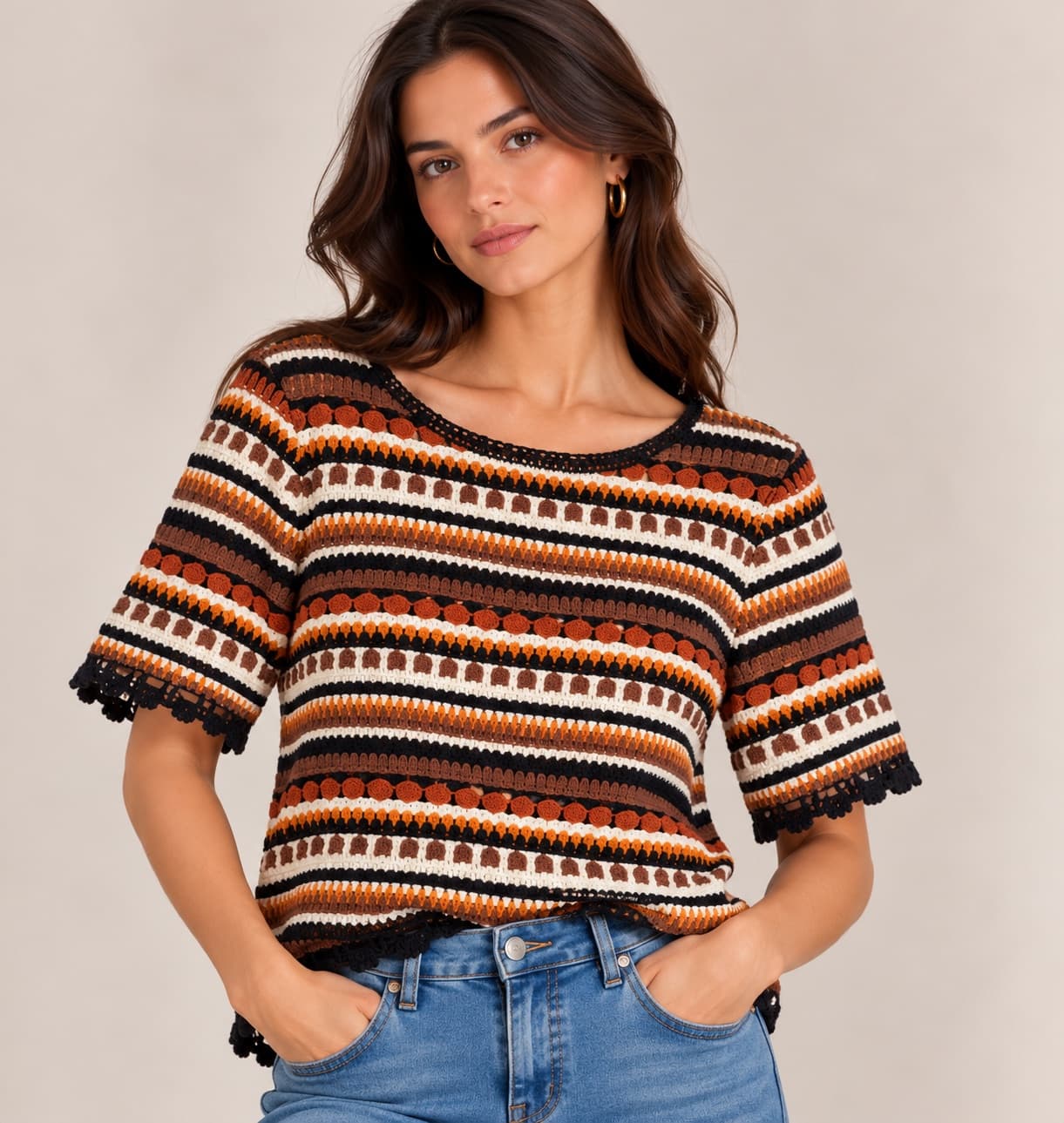 Top court en crochet rayé terracotta Sézane – Taille L — photo 1
