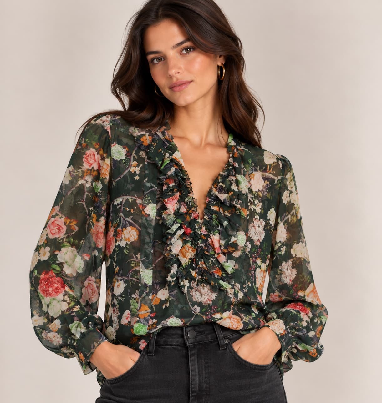 Blouse fleurie vert foncé en mousseline Zara – Taille XS — photo 1