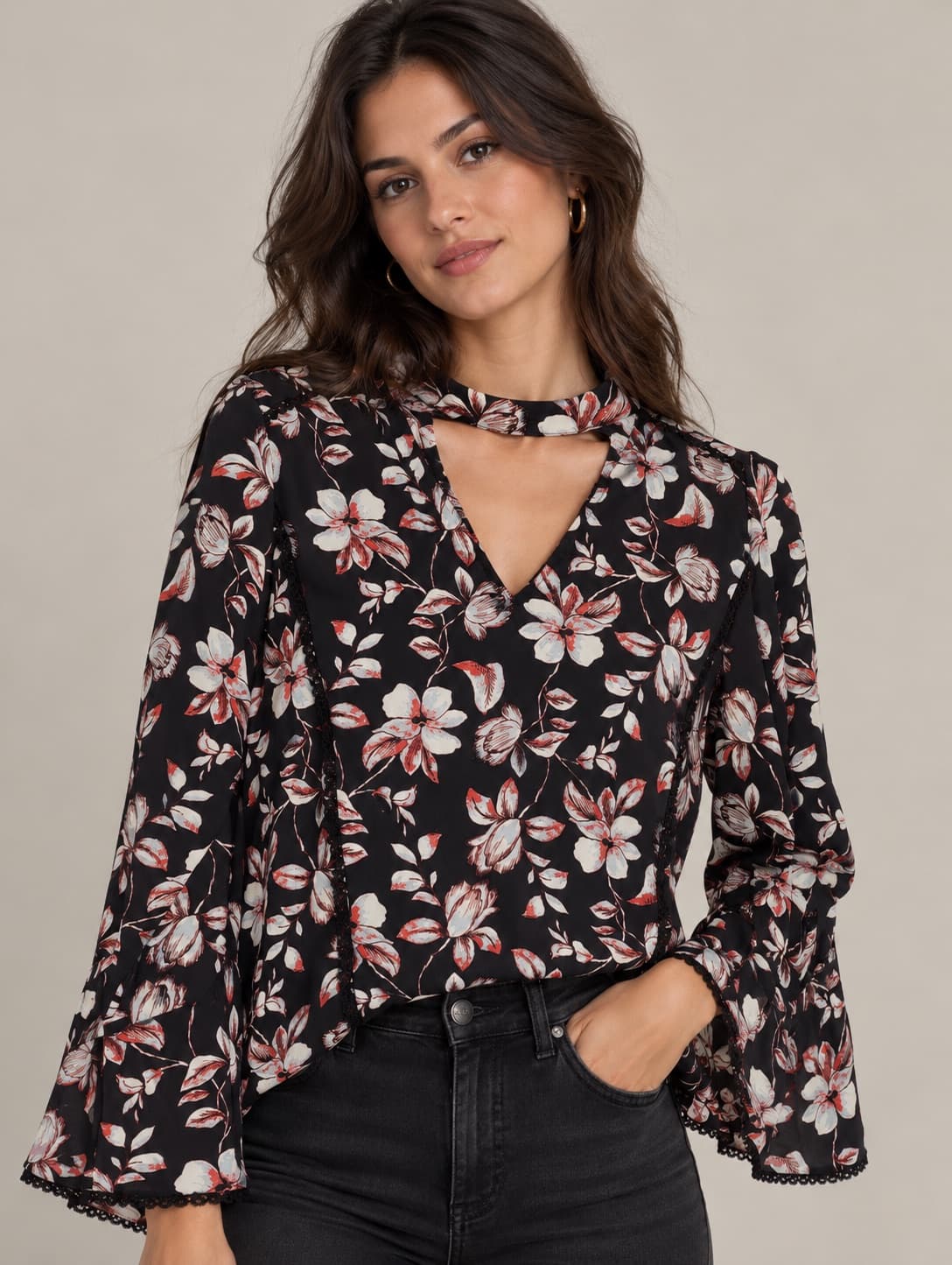 Blouse fleurie noire à manches évasées Morgan – Taille 38 — photo 1