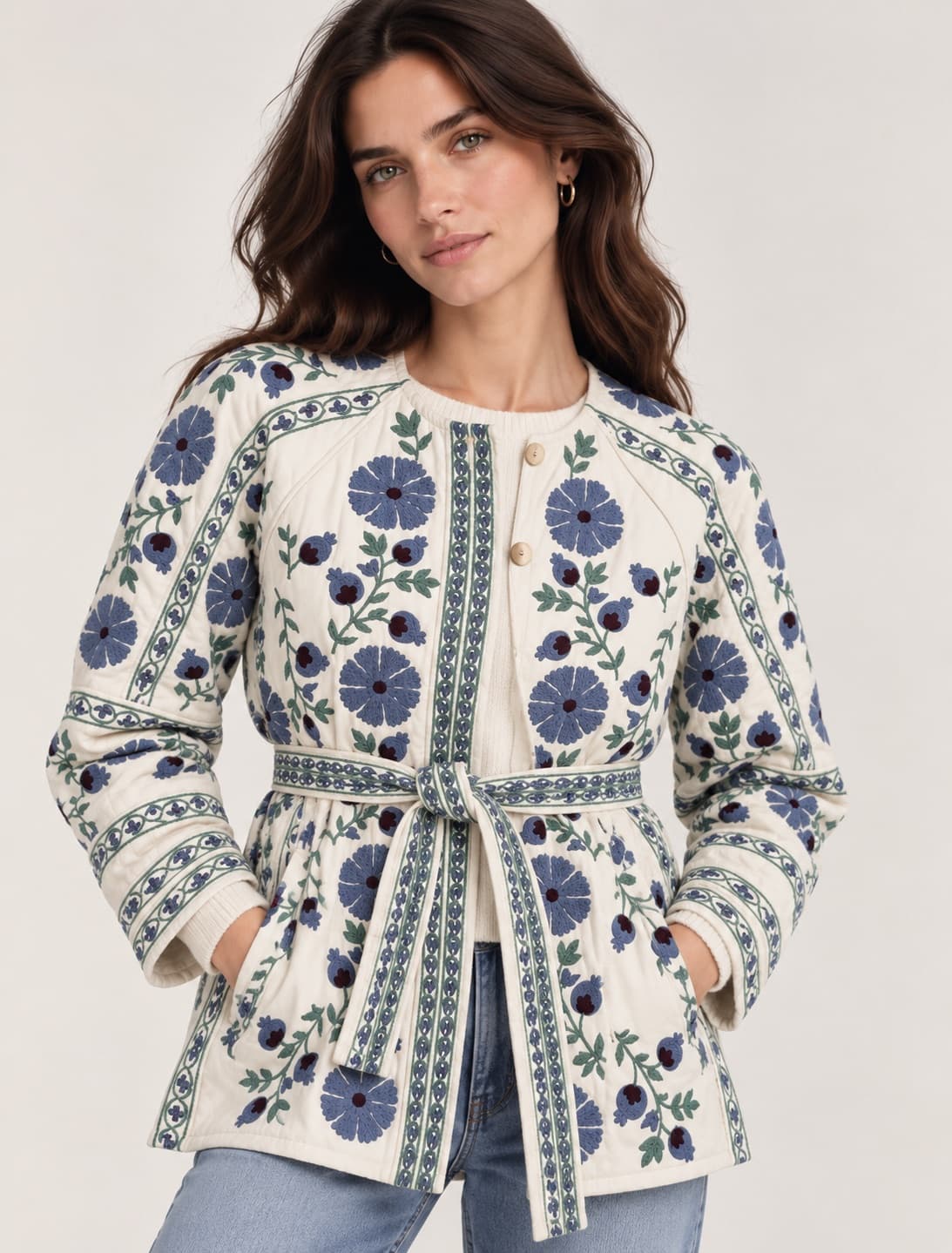 Veste Sézane Renato brodée écrue fleurs bleues – Taille S — photo 1