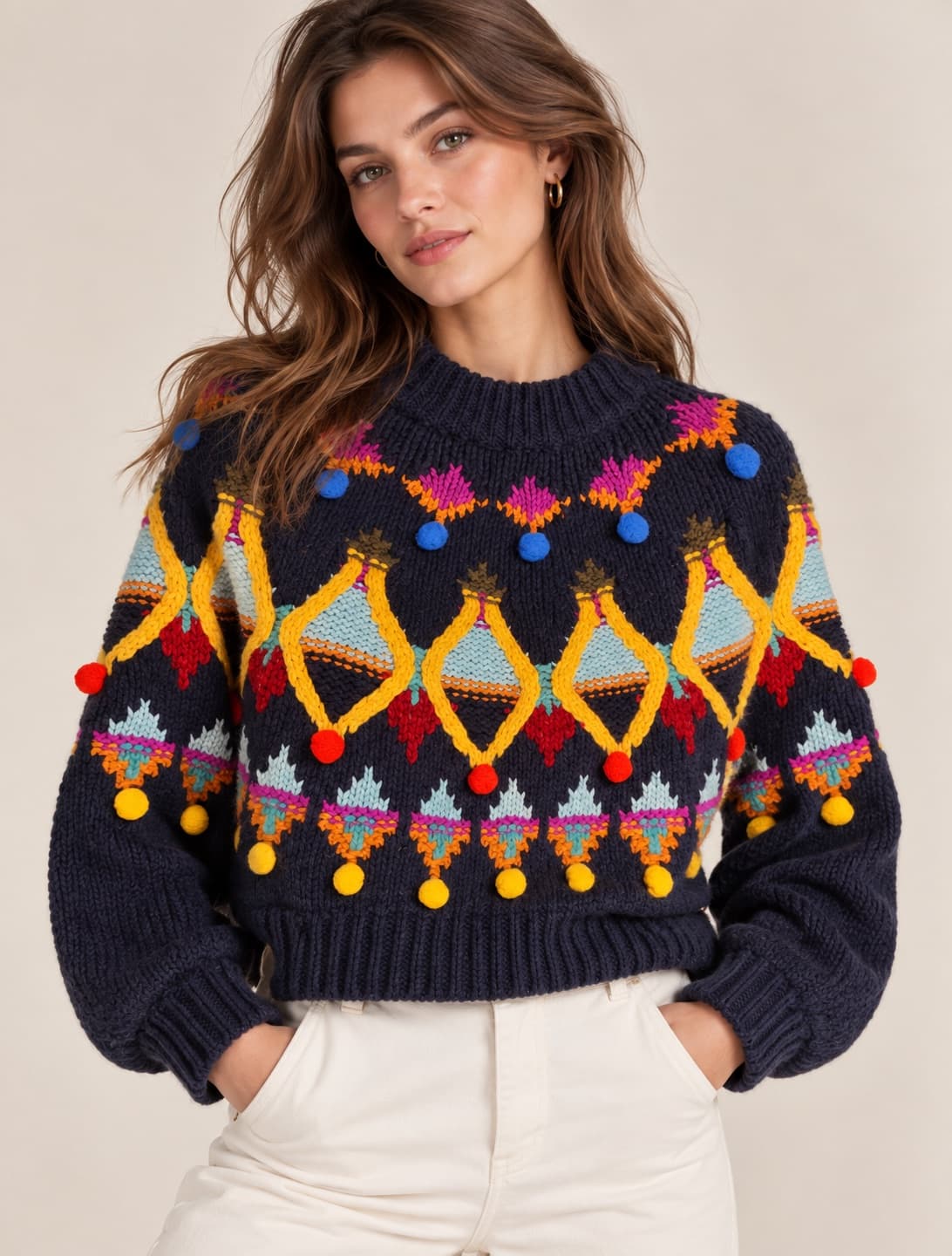 Pull jacquard multicolore à pompons Zara – Taille S