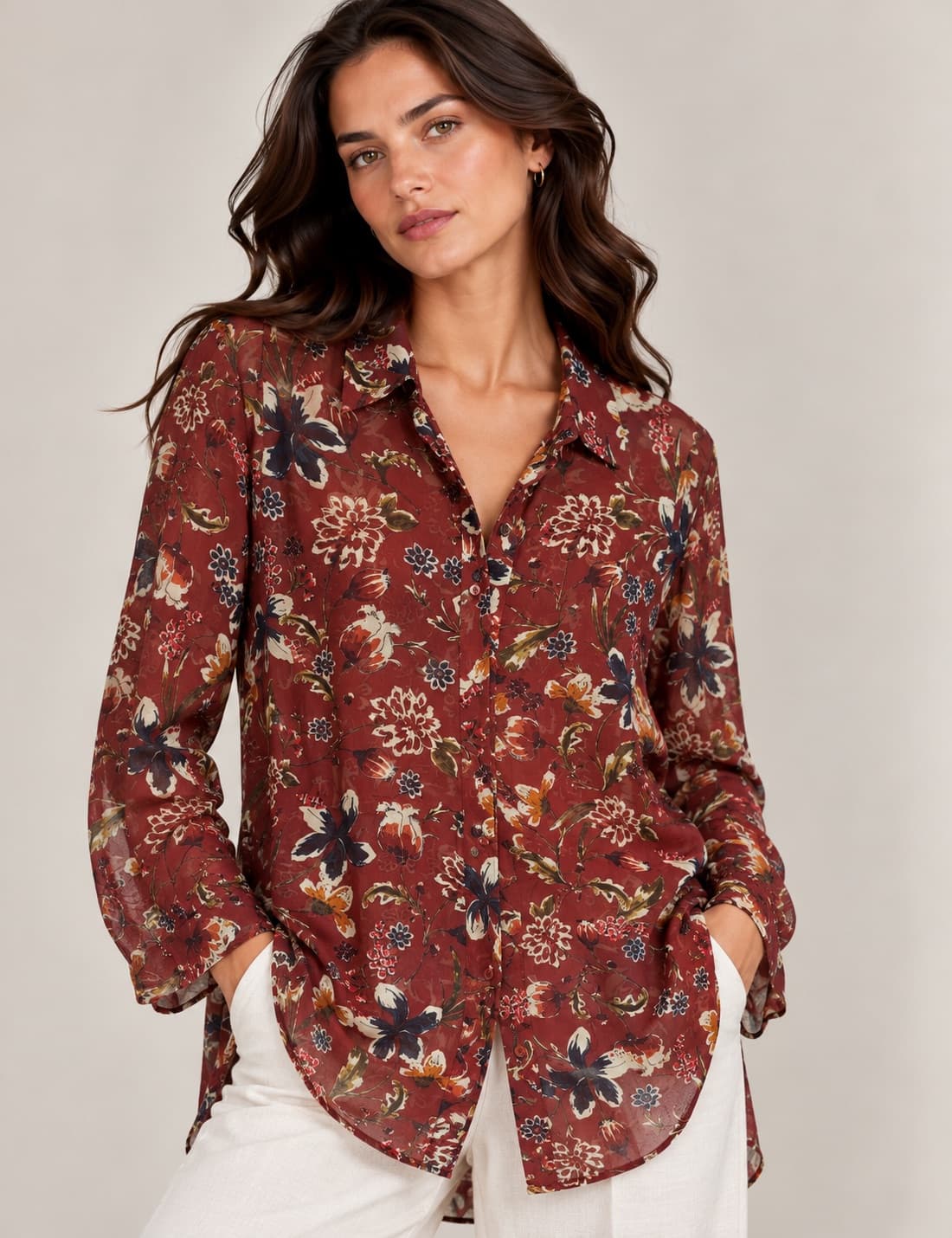 Chemisier long bordeaux à imprimé floral – Taille M