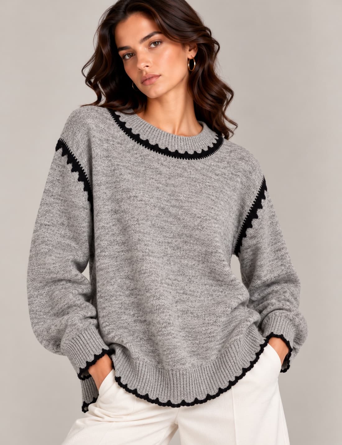 Pull ZARA gris chiné à finitions contrastantes noires – Taille S — photo 1