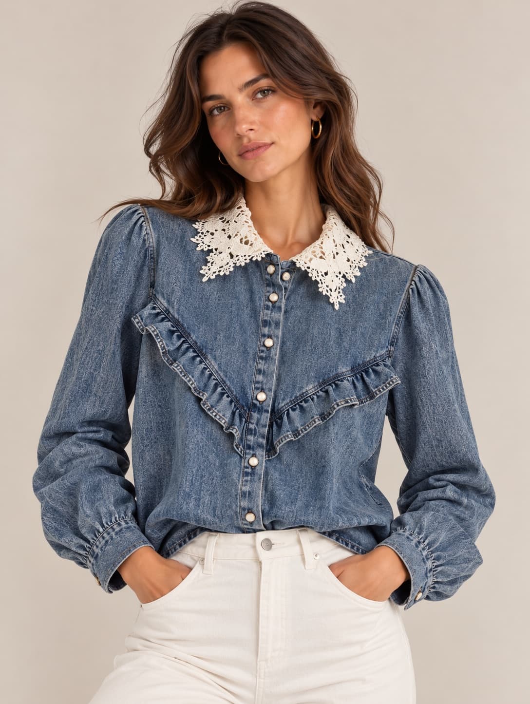 Chemise Zara en jean à volants et col dentelle – Taille XS — photo 1