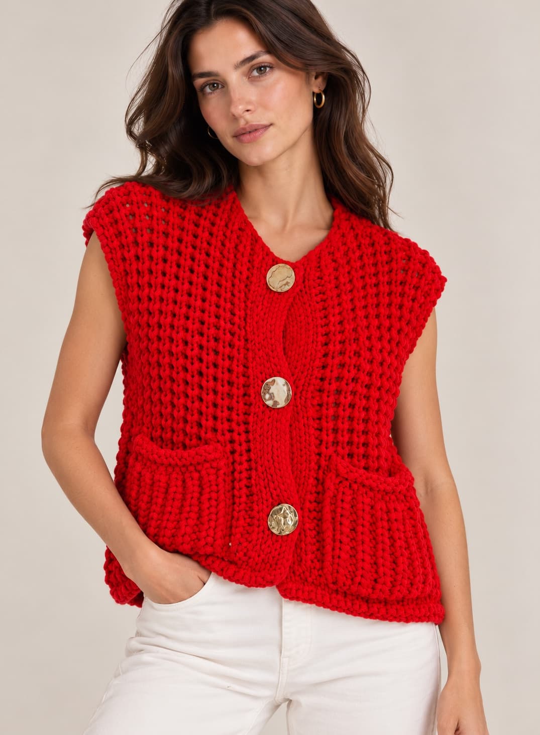 Gilet Zara rouge sans manches en grosse maille – Taille S — photo 1