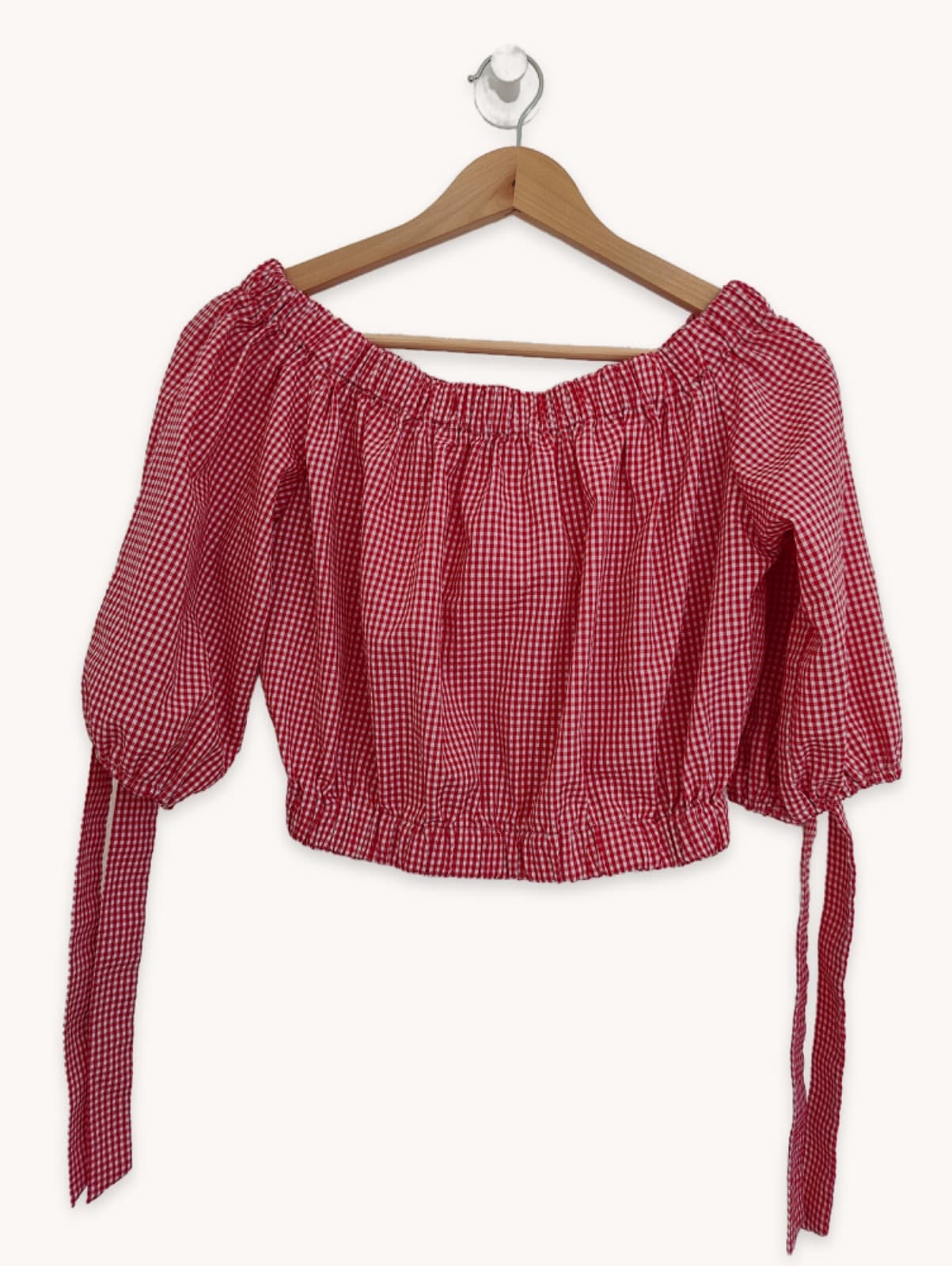 Top Zara vichy rouge à encolure bardot – Taille M
