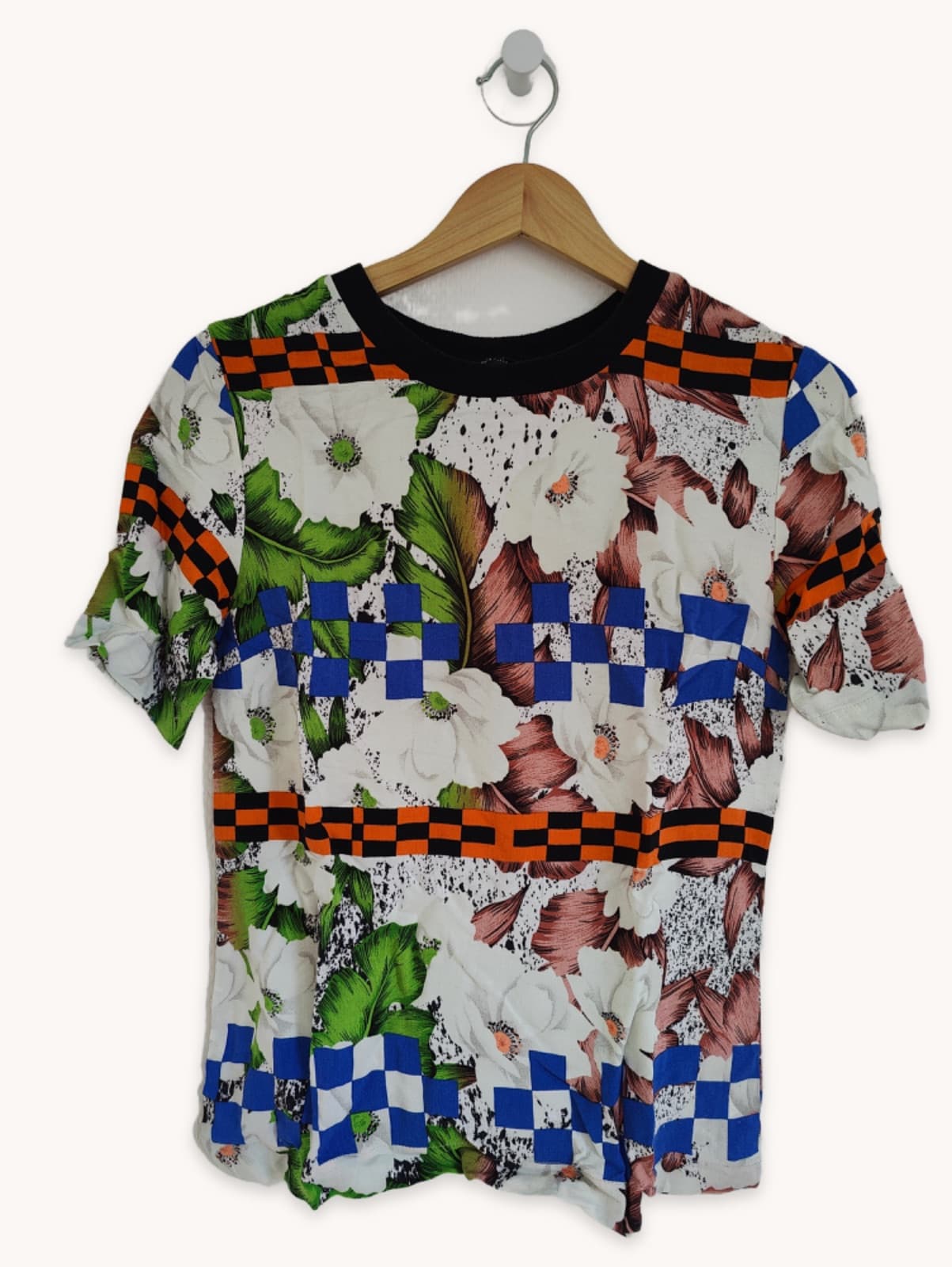Top Topshop à imprimé floral et damier – Taille 34