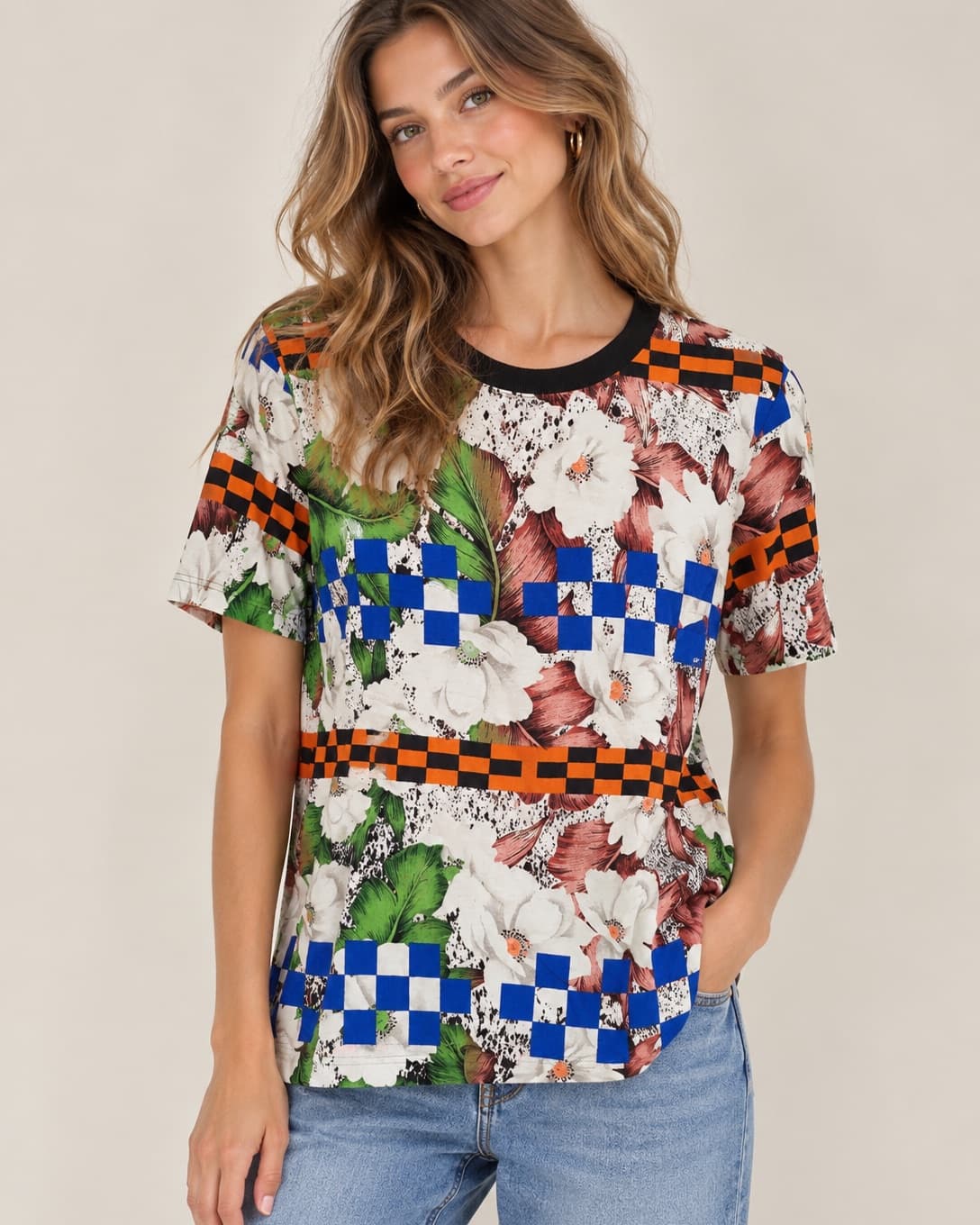 Topshop top met bloemen- en dambordprint – Maat 34