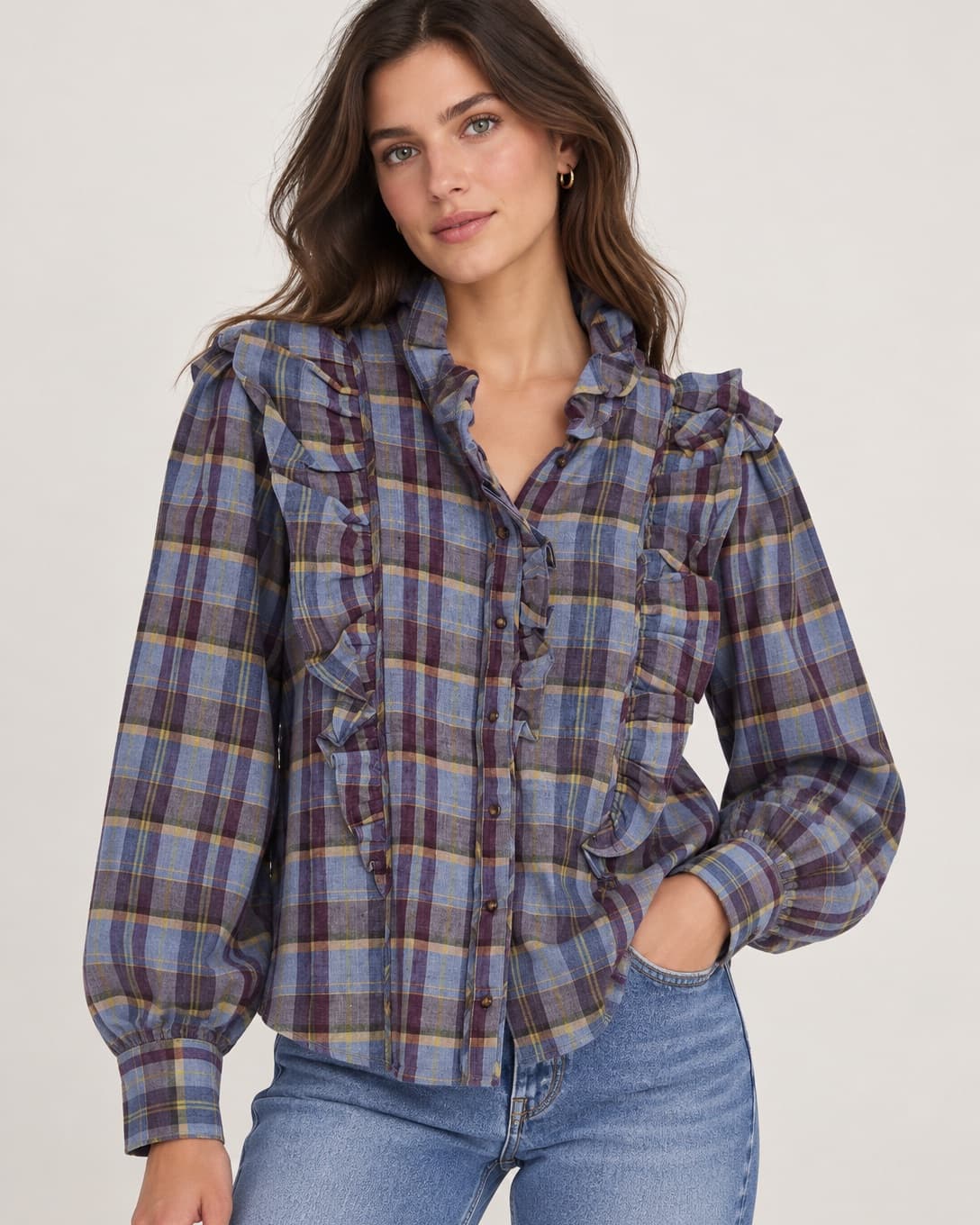 Sézane blouse met blauwe en bordeauxrode ruit – Maat 40