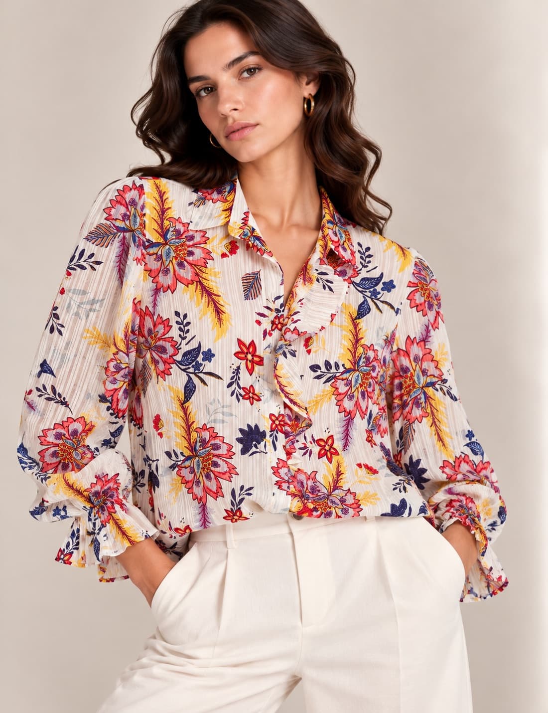 Camicia bianca a fiori tropicali Cortefiel – Taglia S